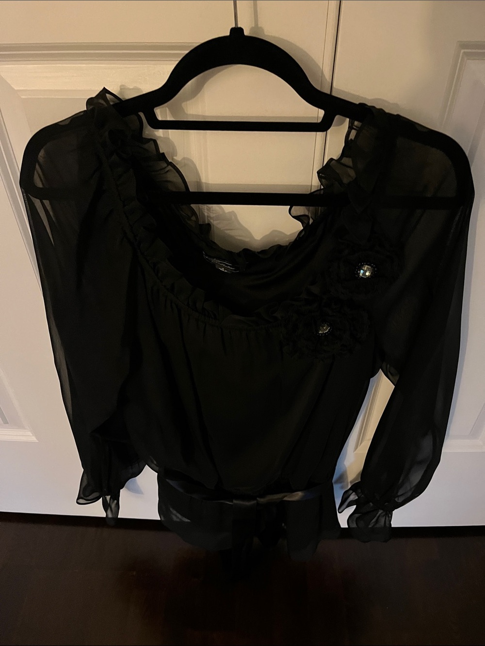 Dress Barn Black Sheer Ruffled Peasant Blouse